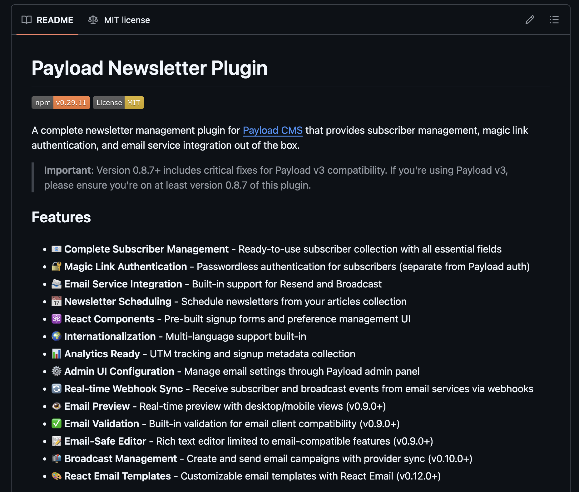 Payload Newsletter Plugin screenshot